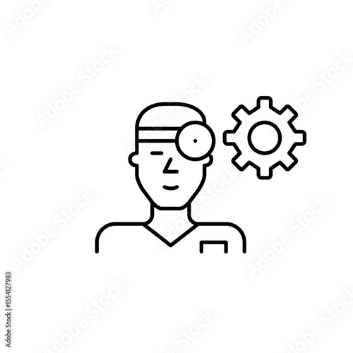 Ear nose throat doctor and cogwheel. Physician interface settings, medical workflow optimization, healthcare technology management, clinical decision support, doctor dashboard configuration. Pixel per