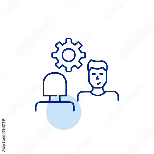 Woman and man on interview or conversation and cogwheel. Collaborative settings, communication management, interview configuration, dialogue optimization, user interaction control. Pixel perfect, edit