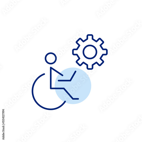 Person in wheelchair working at laptop and cogwheel. Accessibility settings, mobility support configuration, assistive technology setup, inclusive system design, adaptive user control. Pixel perfect, 
