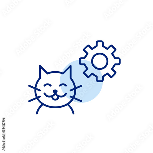 Happy cat and cogwheel. Pet care settings, animal health monitoring, smart pet device configuration, automated feeding control, pet activity tracking. Pixel perfect, editable stroke vector icon