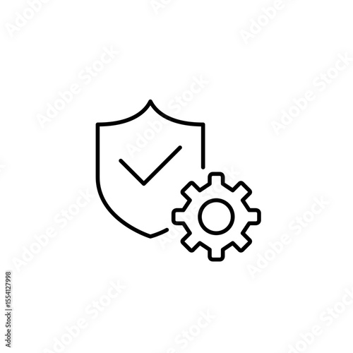Shield with checkmark and cogwheel. Security maintenance, privacy controls, it management, settings, protection. Pixel perfect, editable stroke vector icon
