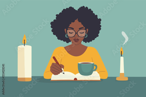 African woman writing in a notebook with coffee and candle on table vector illustration