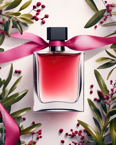 Elegant perfume bottle with pink ribbon and botanical decor