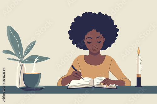 African woman writing in a notebook with coffee and candle on table vector illustration