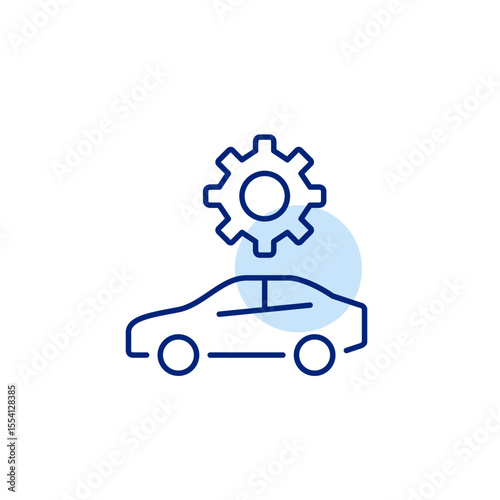Car and cogwheel gear. Vehicle settings, car system configuration, automotive diagnostics, driving mode adjustment, maintenance control. Pixel perfect, editable stroke vector icon