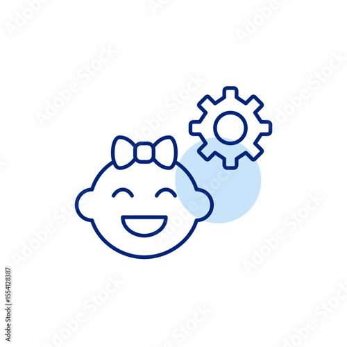 Smiling baby girl and cogwheel. Parental controls, child safety settings, baby monitoring configuration, age-restricted access, kid-friendly system setup. Pixel perfect, editable stroke vector icon