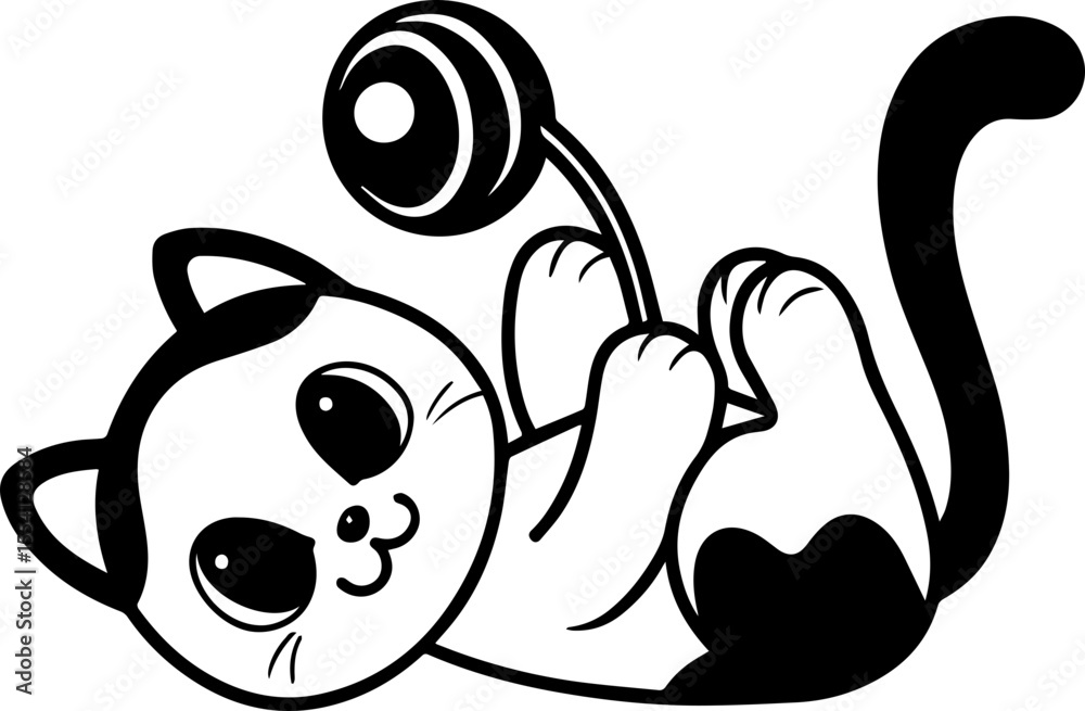 Obraz premium Cat playing with toy, wallpaper-style vector SVG with clean lines. Cute Cartoon Cat Playing with a Lollipop Toy