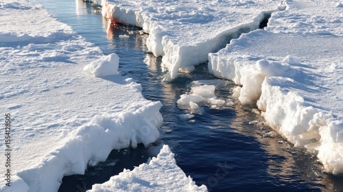 Arctic landscape with cracked ice floes and blue ocean water
