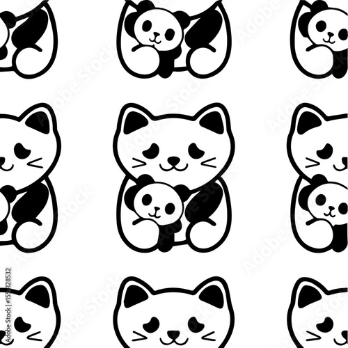 Cat playing with toy, wallpaper-style vector SVG with clean lines. Cute Cat and Panda Illustrations on White Background