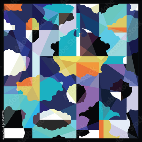 Abstract colorful mural in square composition. Geometric background with blank labels and license plates pattern design. Low poly multi color painting. Vector cover 