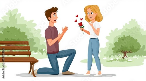 Cartoon animation of a man proposing marriage to a woman so they can get engaged and wed