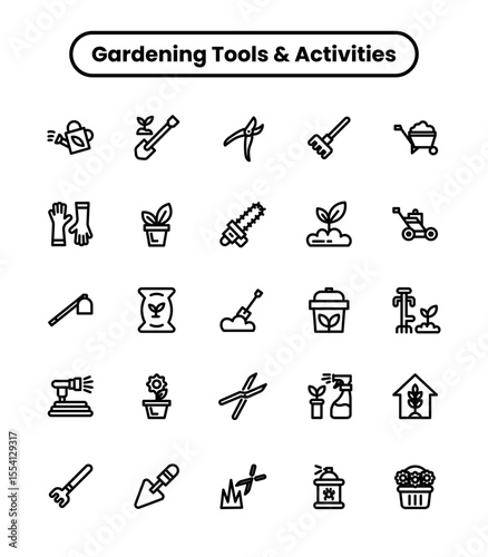 garden tools and activities  thick line icon set 