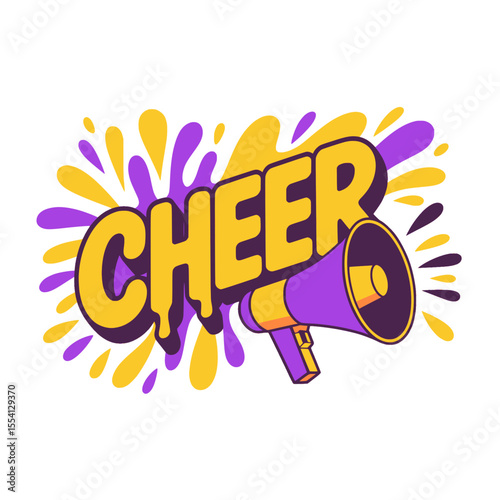 Cheer text with megaphone in purple yellow, Playful "CHEER" word art in bold yellow with purple megaphone and splash elements, perfect for motivation and announcements.

