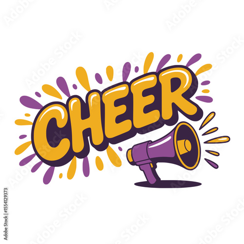 Cheer text with megaphone in purple yellow, Playful "CHEER" word art in bold yellow with purple megaphone and splash elements, perfect for motivation and announcements.

