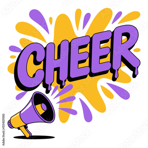 Cheer text with megaphone in purple yellow, Playful "CHEER" word art in bold yellow with purple megaphone and splash elements, perfect for motivation and announcements.

