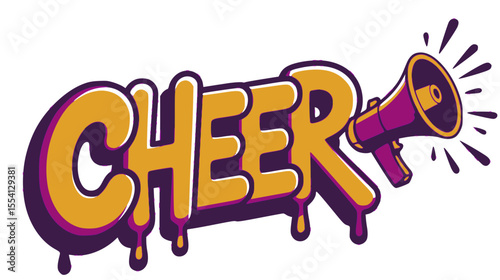 Cheer text with megaphone in purple yellow, Playful "CHEER" word art in bold yellow with purple megaphone and splash elements, perfect for motivation and announcements.

