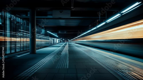 Blurred Train Lights Streaking Through a Modern Subway Station with Blue Tones Long Exposure Motion and Speed Capture in the Urban Night