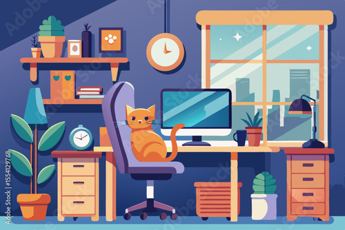 Stylized Home Office with Orange Cat on Chair A Serene Workspace Featuring a Computer Plants and Warm Lighting Creating a Cozy and Productive Atmosphere for