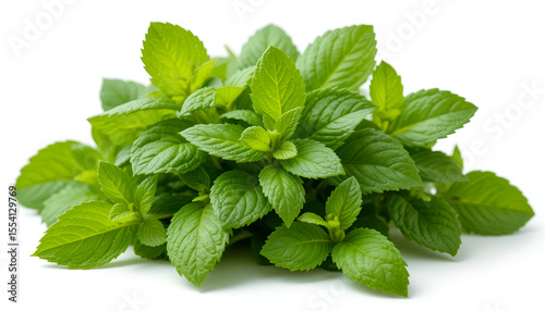A vibrant, fresh bunch of mint leaves, neatly arranged and isolated on a clean white background, highlighting its natural green color and texture, suitable for themes of culinary ingredients, health, 
