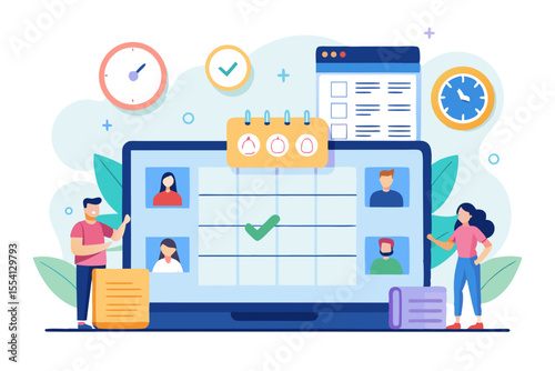 Online Meeting Schedule with People on a Laptop Screen Calendar Clock and Task List Representing Time Management Productivity and Virtual Collaboration in a Flat Vector