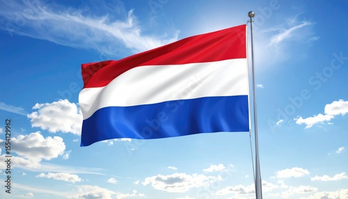 Free Download Dutch Flag Flying Bright Under Clear Blue Sky with Clouds - GFXLoad