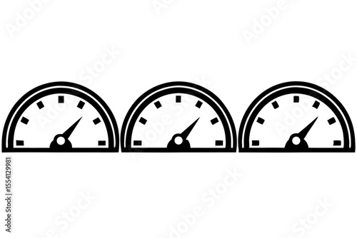 Three identical black and white gauges are aligned horizontally each showing a different reading with a needle pointing to varying levels on their respective semicircular