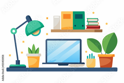 A vibrant and organized workspace illustration featuring a laptop desk lamp potted plants and a shelf with books and files creating a cozy and productive