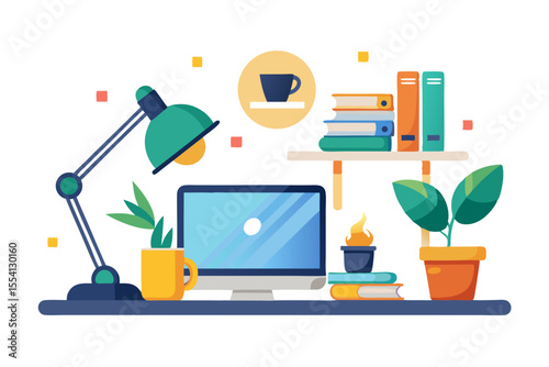Stylized Workspace Illustration Featuring a Computer Desk Lamp Books Plants and a Cup of Coffee Presented in a Clean and Modern Flat Design Style with