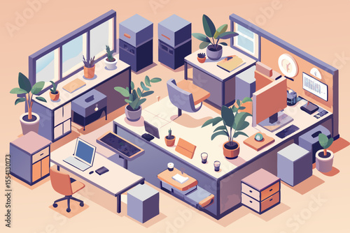 Isometric Office Space Illustration A Modern Workplace with Desks Plants and Natural Light Showcasing a Clean and Organized Environment for Productivity and Well being in