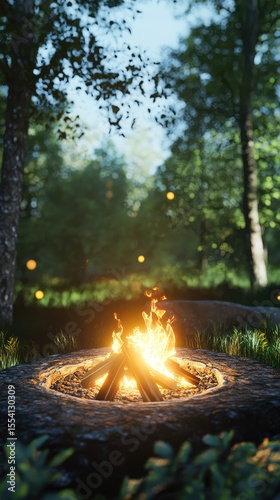 A fire is burning in a fire pit
