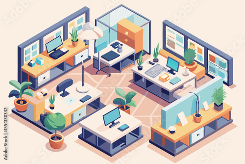 Isometric Office Space with Desks Computers Plants and Dividers A Modern and Minimalist Design for a Productive and Collaborative Workspace Environment with a Light and