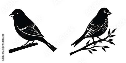 Canary Perched on Branch Flat Silhouette on White Background