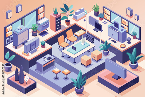 Isometric Office Space with Plants and Modern Furniture A Stylized Illustration of a Collaborative Workspace Environment Showcasing Desks Chairs and Greenery in a Contemporary Office