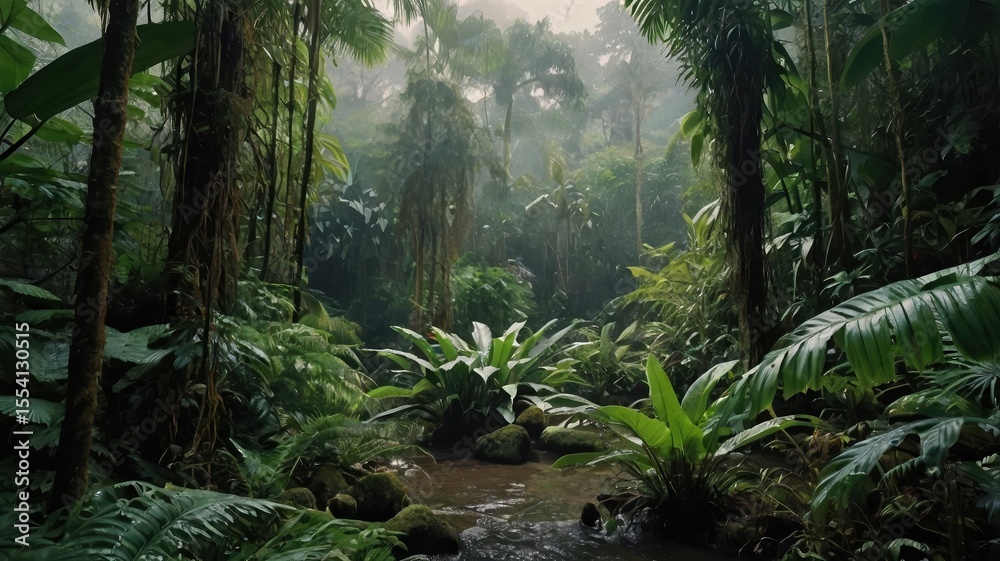 Fototapeta premium A lush tropical rainforest scene with a stream running through dense vegetation and misty atmosphere