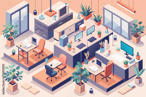 Isometric Office Space with Desks Computers and Plants Featuring a Modern and Clean Design Creating a Productive and Inviting Work Environment with a Focus on