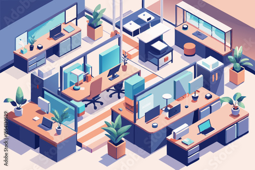 Isometric Office Space with Cubicles and Plants A Clean Modern Design for Productivity and Well being Featuring Desks Computers and Natural Elements for a Comfortable