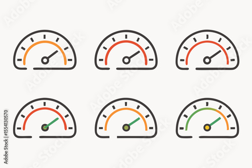 A collection of six simple speedometer icons each displaying a different level of measurement with color coded indicators ranging from orange and red to green