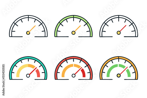 Colorful Speedometer Icons Representing Different Levels of Performance Including Empty Low Medium and High Ideal for Dashboards Reports and Visualizations of Progress and Efficiency in