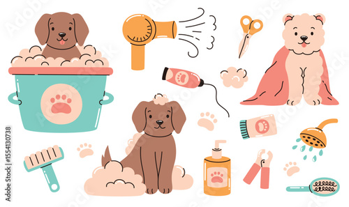 Set of pet grooming elements. Dog in bath, scissors, razor, hairbrush, hair dryer, soap for animals. Flat vector illustration.