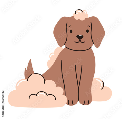 Cute dog with bubbles. Pet grooming. Flat vector illustration.
