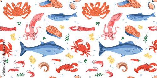Seamless pattern with seafood. Fresh fish, shrimp, crab, squid, shellfish, langoustine, lobster. Flat vector illustration.