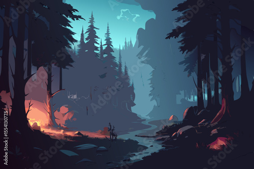 A stylized vector illustration of a dark forest with a winding stream illuminated by a warm glowing fire on the left under a teal sky