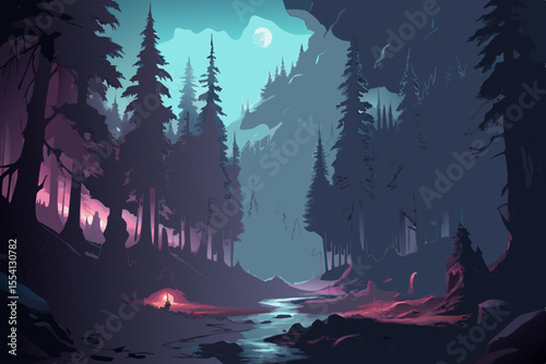 A serene illustration of a dark forest at night with a stream running through it illuminated by a distant moon and a small warm light