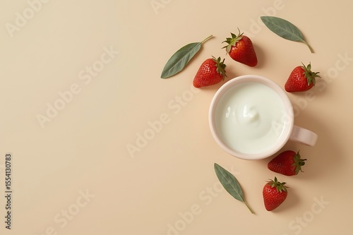 A delicate pink bowl filled with creamy white yogurt is surrounded by fresh ripe strawberries and green leaves on a soft peach background