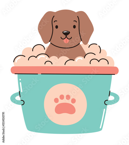 Dog in bubble bath. Pet grooming. Flat vector illustration.