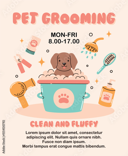 Pet grooming banner. Cute puppy in a bath with foam. Flat vector illustration.