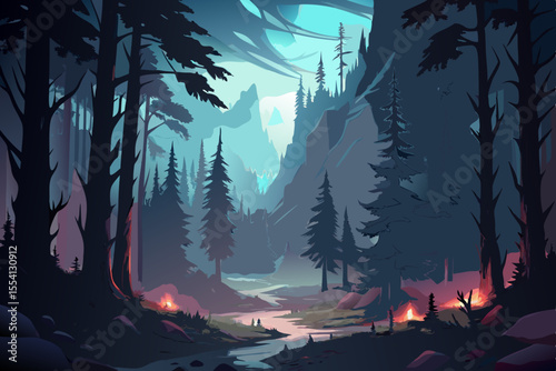 Stylized Forest Landscape with a Winding River and Campfires Featuring Silhouetted Trees Distant Mountains and a Cool Color Palette Evoking a Sense of Mystery and
