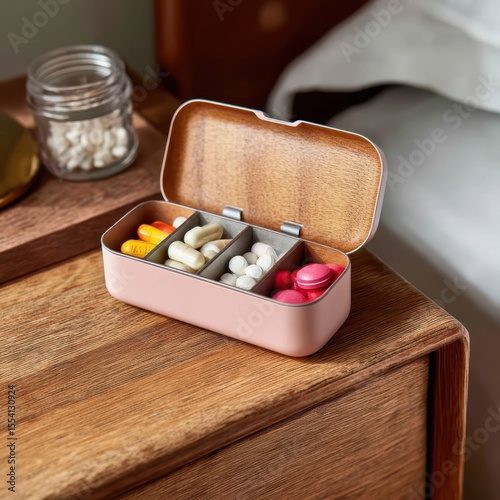 Pill box with medicines on bedside table