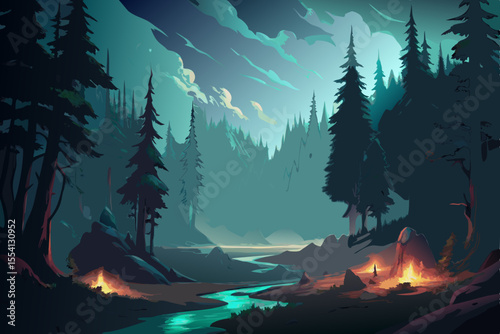 A serene and stylized illustration of a forest landscape at twilight featuring a winding river towering pine trees and the warm glow of campfires nestled