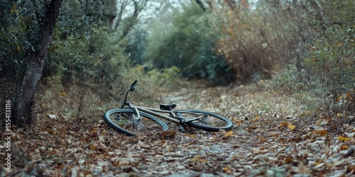 A bicycle is laying on the ground in a forest
